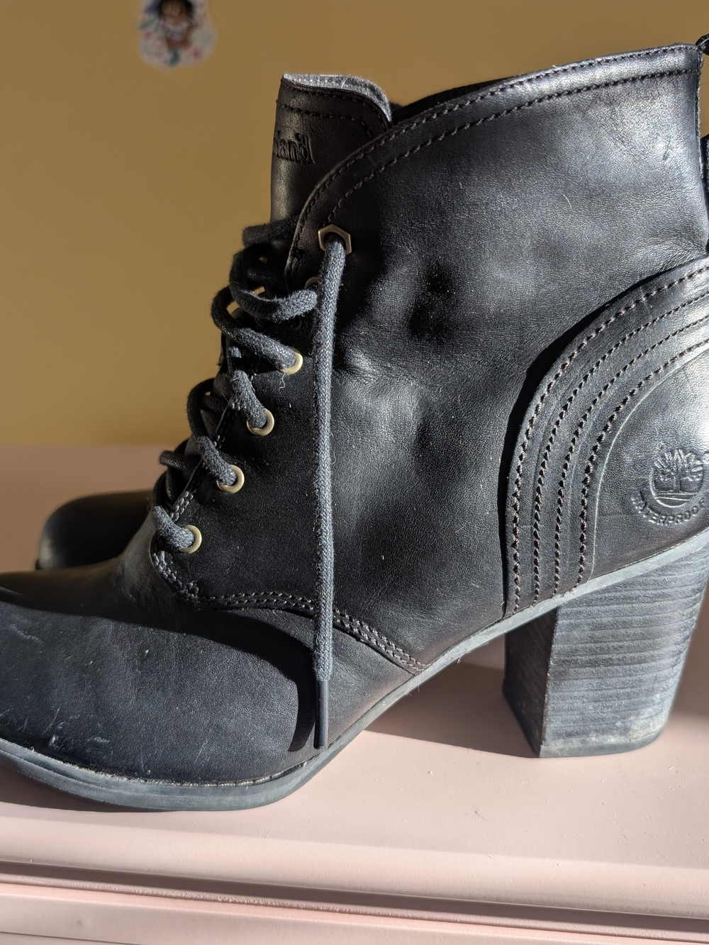 Timberland Black Leather Lace-Up Heeled Ankle Boots